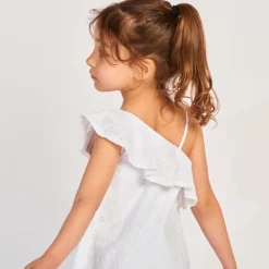 Asymmetrische jurk in Engels borduursel met ruche meisjes