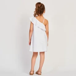 Asymmetrische jurk in Engels borduursel met ruche meisjes