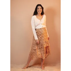 Asymmetrische lange zwangerschapsrok met bloemenprint en volant