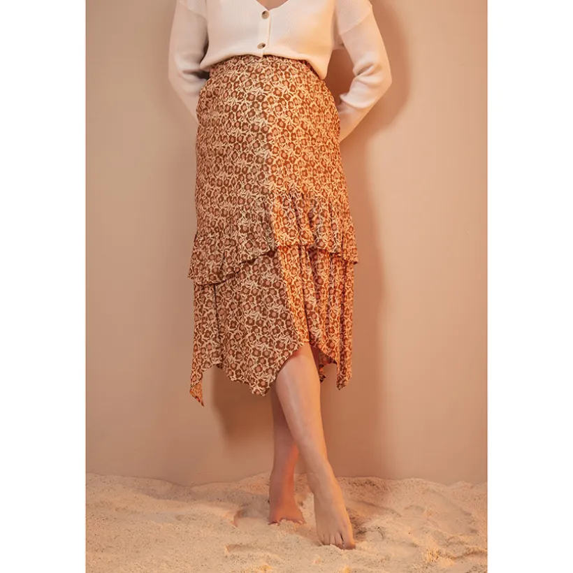 Asymmetrische lange zwangerschapsrok met bloemenprint en volant