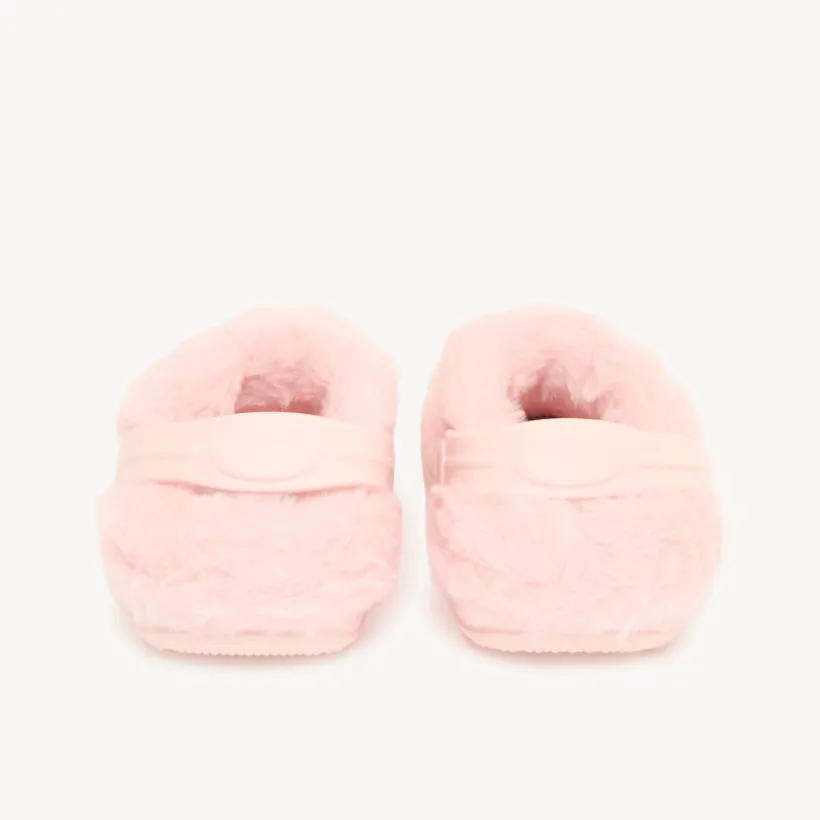 Babyschoentjes voor meisjes in klompenstijl met nepbont en patch