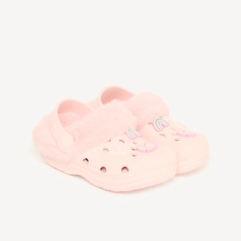 Babyschoentjes voor meisjes in klompenstijl met nepbont en patch