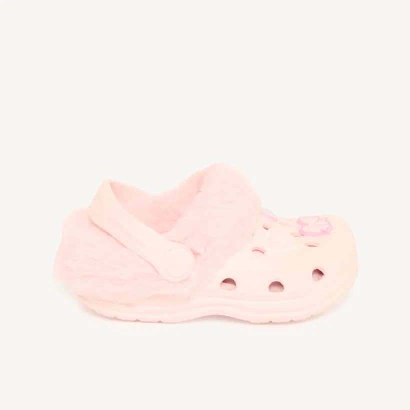 Babyschoentjes voor meisjes in klompenstijl met nepbont en patch