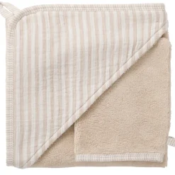 Badcape + washandje Soft Stripes Ecru/Kiezel