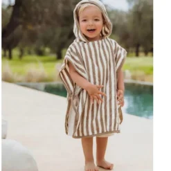 Badponcho badstof jacquard - Fat Stripe Taupe - 1/3 jaar