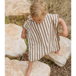 Badponcho badstof jacquard - Fat Stripe Taupe - 1/3 jaar