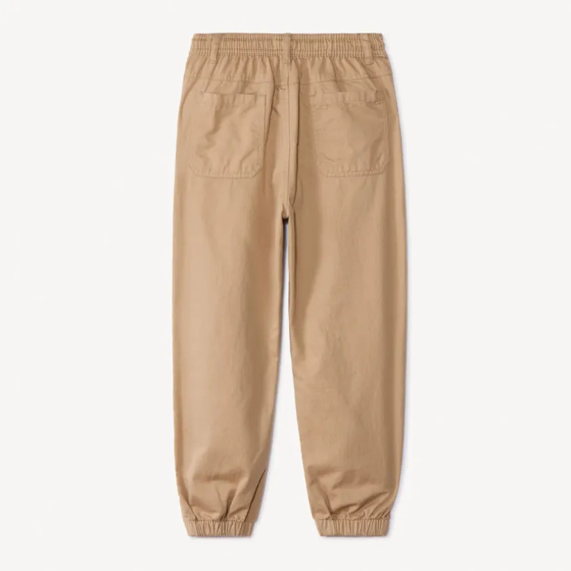 Beige effen broek van stof met elastische taille jongens