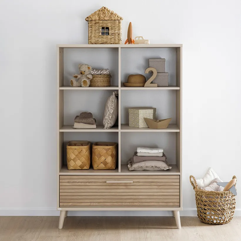 Bibliotheek met 6 compartimenten + lade Eefje Kasjmier Beige/Groovy Eikenhout