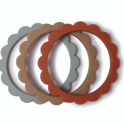 Bijtring armband bloemen 100% Siliconen Cambridge Blue/Clementine/Natural 3stks