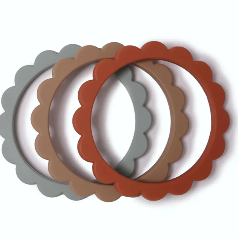 Bijtring armband bloemen 100% Siliconen Cambridge Blue/Clementine/Natural 3stks