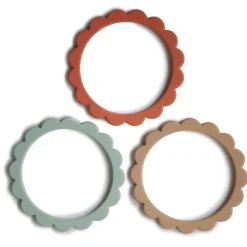 Bijtring armband bloemen 100% Siliconen Cambridge Blue/Clementine/Natural 3stks