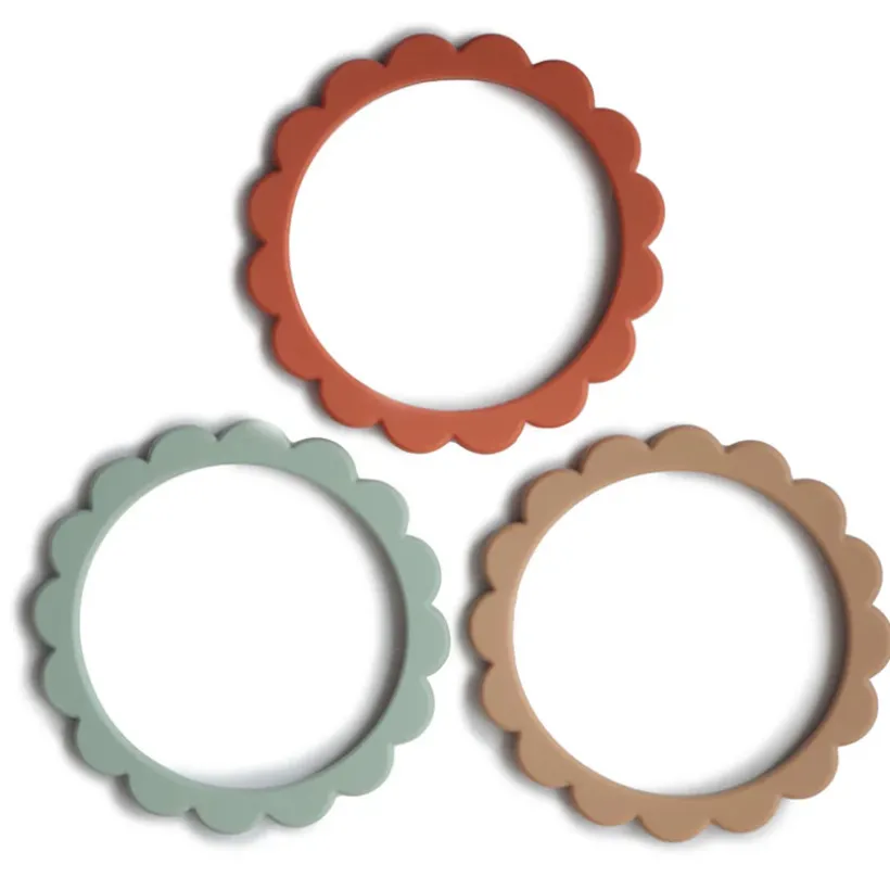 Bijtring armband bloemen 100% Siliconen Cambridge Blue/Clementine/Natural 3stks