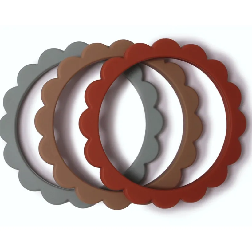 Bijtring armband bloemen 100% Siliconen Cambridge Blue/Clementine/Natural 3stks