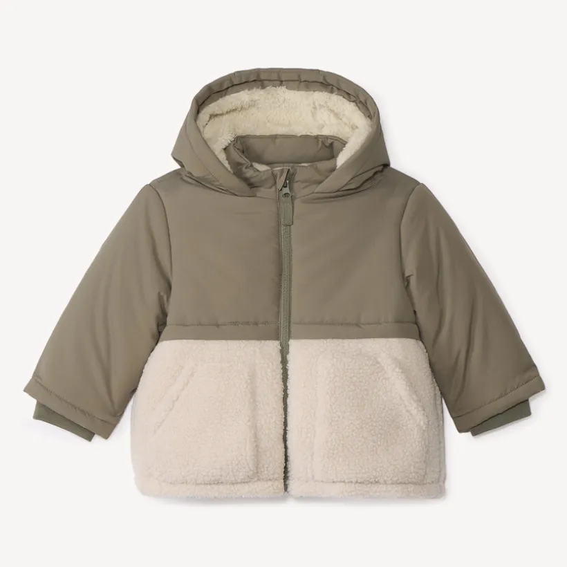 Bi-materiaal donsjas met sherpa boucle voor babyjongens