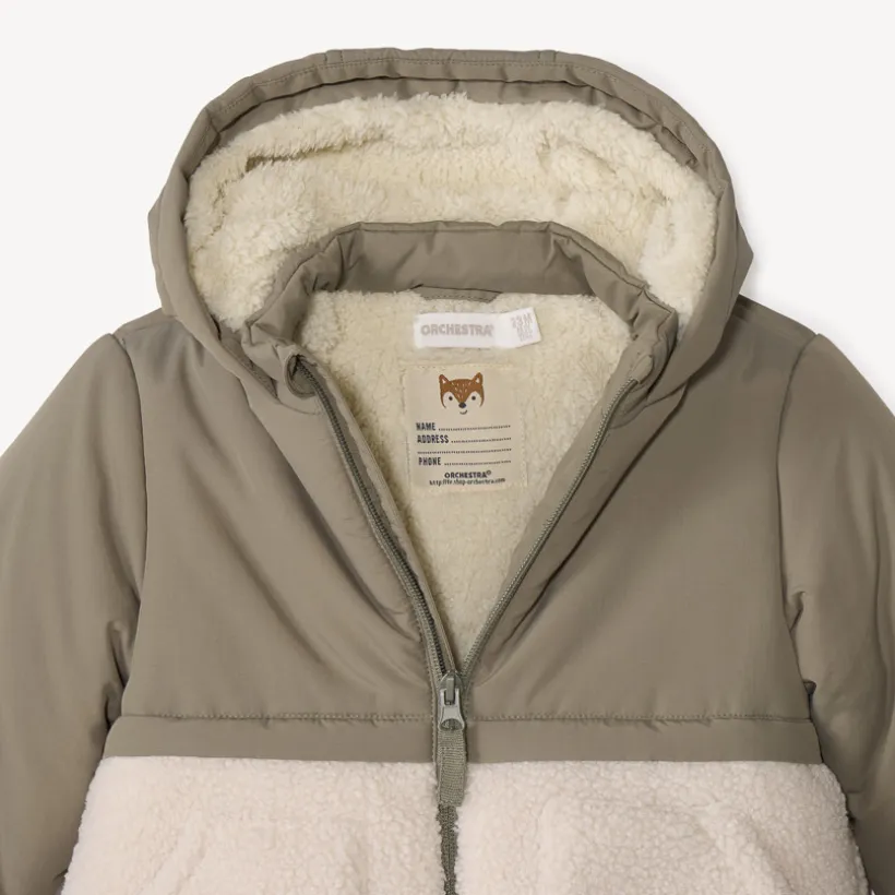Bi-materiaal donsjas met sherpa boucle voor babyjongens