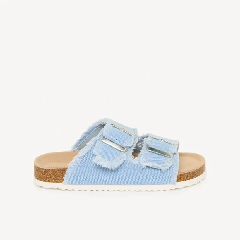 Blauwe klappertjes met dubbele gespen en franjes meisjes