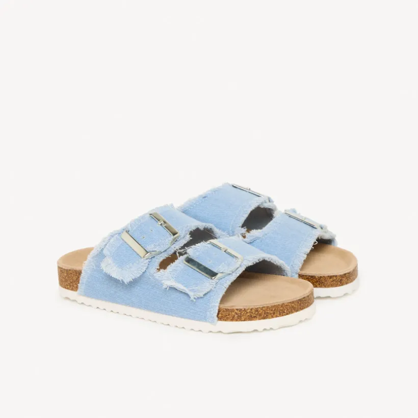 Blauwe klappertjes met dubbele gespen en franjes meisjes