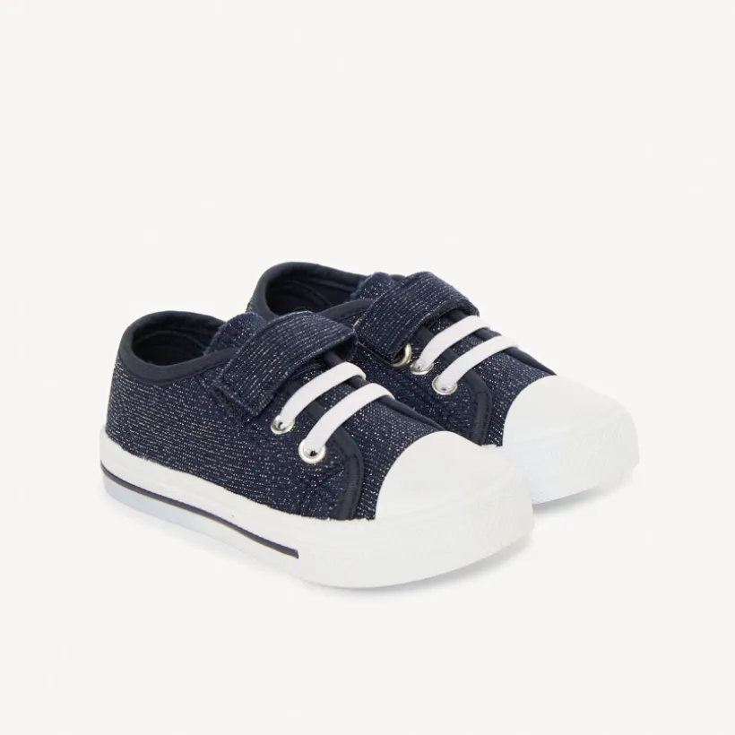 Blauw glinsterende lage sneakers met klittenband en veters meisjes
