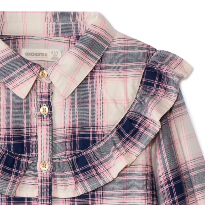 Blouse met lange mouwen van stof met ruitjesprint en volant meisjes