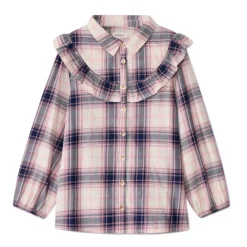 Blouse met lange mouwen van stof met ruitjesprint en volant meisjes