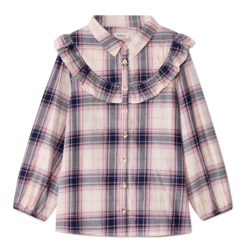 Blouse met lange mouwen van stof met ruitjesprint en volant meisjes