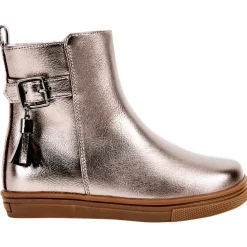 Booties grijs iriserend met rits en lus met fantasie pompon meisjes