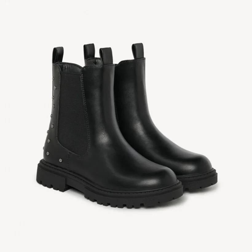 Bottines zwart ledereffect met elastische inzetten en klinknagels meisjes