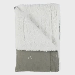 Deken geborduurd bladeren 75x100cm Mousseline & Sherpa Kaki