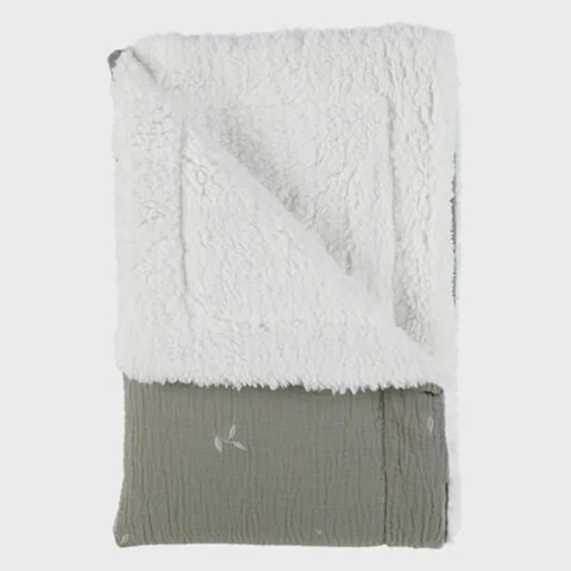 Deken geborduurd bladeren 75x100cm Mousseline & Sherpa Kaki