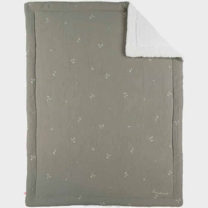 Deken geborduurd bladeren 75x100cm Mousseline & Sherpa Kaki