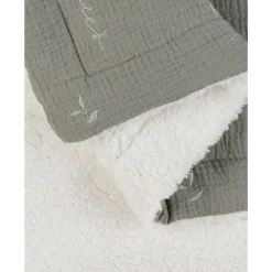 Deken geborduurd bladeren 75x100cm Mousseline & Sherpa Kaki