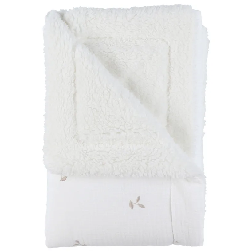 Deken geborduurd bladeren 100x140cm Mousseline & Sherpa Wit
