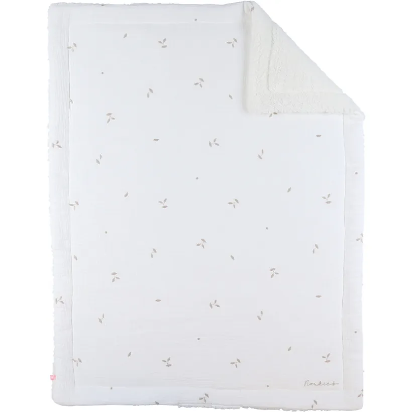 Deken geborduurd bladeren 100x140cm Mousseline & Sherpa Wit