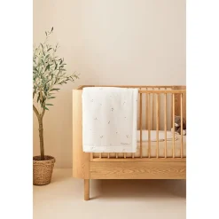 Deken geborduurd bladeren 100x140cm Mousseline & Sherpa Wit