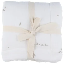 Deken geborduurd bladeren 100x140cm Mousseline & Sherpa Wit