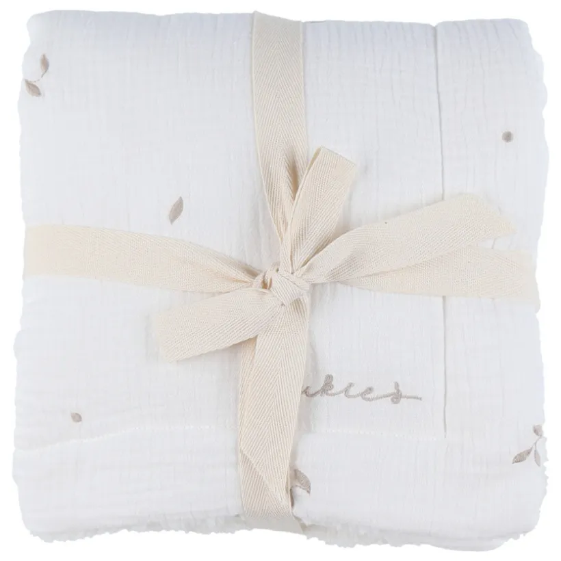 Deken geborduurd bladeren 100x140cm Mousseline & Sherpa Wit