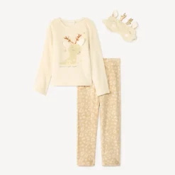 3-delig pyjamaset met fantasierijke rendierprint en écru oogmasker meisjes