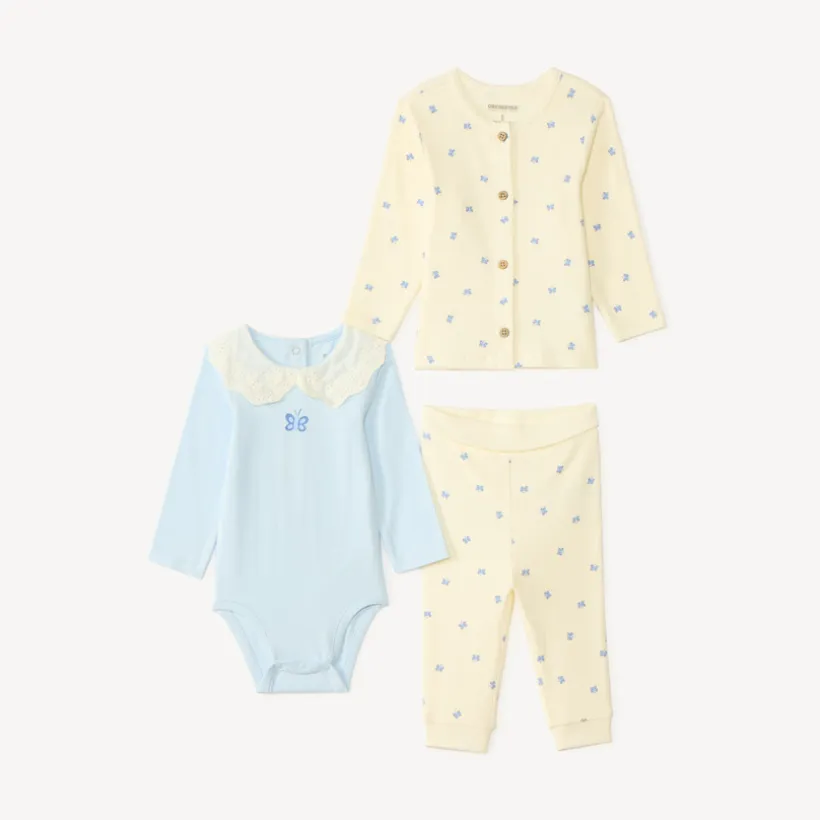 3-delig set met collerette rompertje + vest + broek met vlinderprint voor babymeisjes