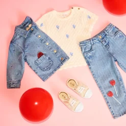 Denim jasje met lange mouwen en bloemenborduring voor babymeisjes