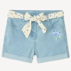 Denim short met fruitborduursel + strikceintuur voor babymeisjes
