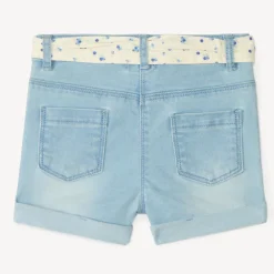Denim short met fruitborduursel + strikceintuur voor babymeisjes