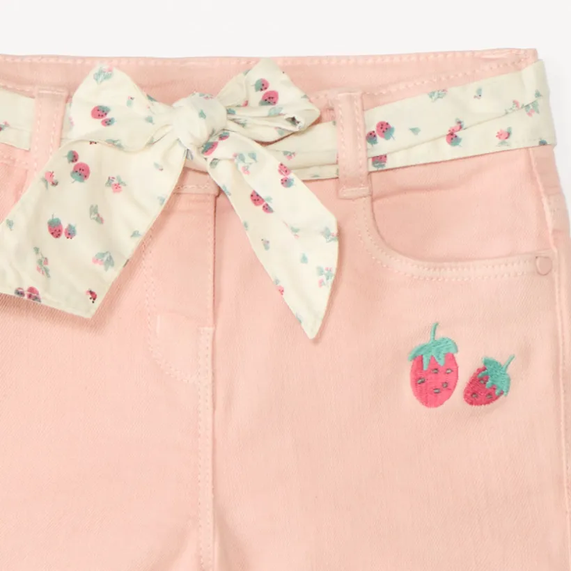 Denim short met fruitborduursel + strikceintuur voor babymeisjes
