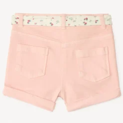 Denim short met fruitborduursel + strikceintuur voor babymeisjes