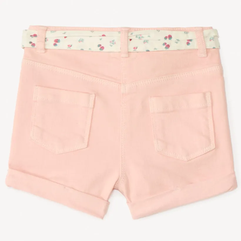 Denim short met fruitborduursel + strikceintuur voor babymeisjes
