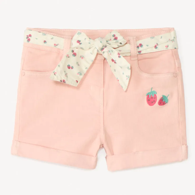 Denim short met fruitborduursel + strikceintuur voor babymeisjes