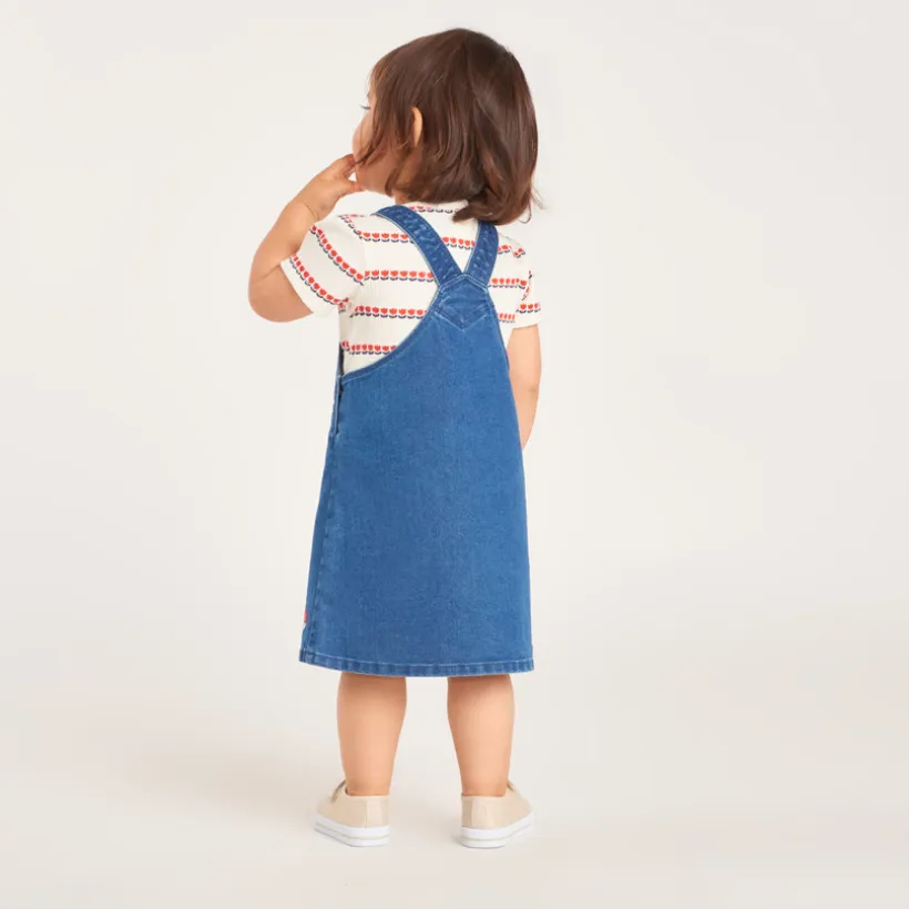 Denim tuinbroek met geborduurde tulpen voor babymeisjes