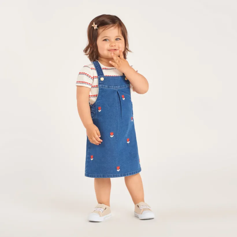 Denim tuinbroek met geborduurde tulpen voor babymeisjes
