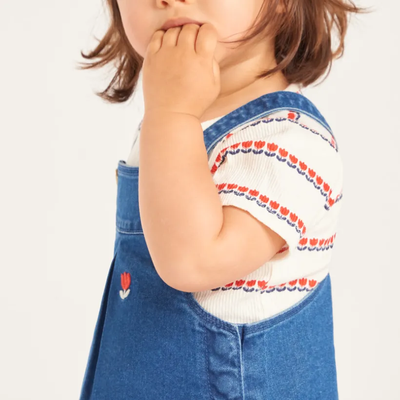 Denim tuinbroek met geborduurde tulpen voor babymeisjes