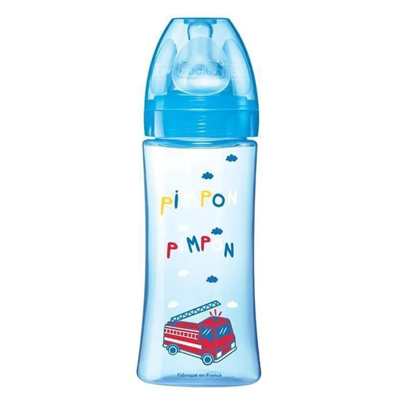 Dodie Initiation+ antikramp zuigfles 330 ml, ronde speen met 3 snelheden, blauw pompier, +6 maanden