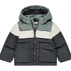 Donsjas met afneembare kap en colour block effect voor baby jongen